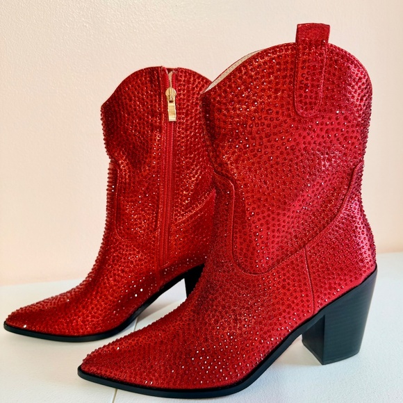 * Berness Sexy Red Rhinestones 3" Block Heel Cowboy Boots - Picture 2 of 10